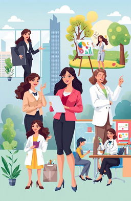 A vibrant and diverse illustration of modern women in various roles within society, showcasing their empowerment and contributions