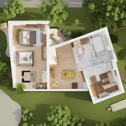A 9mx15m ground house plan in an L shape, consisting of one living room, four bedrooms and two bathrooms.