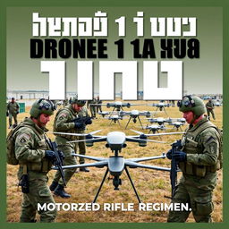 A striking poster featuring the text 'БПЛА 1 МОТОСТРЕЛКОВЫЙ ПОЛК' (Drones 1 Motorized Rifle Regiment) prominently displayed