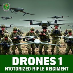 A striking poster featuring the text 'БПЛА 1 МОТОСТРЕЛКОВЫЙ ПОЛК' (Drones 1 Motorized Rifle Regiment) prominently displayed