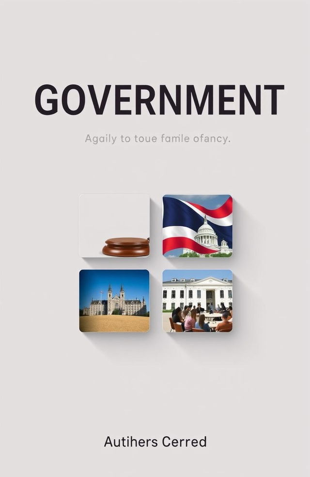 A government book cover featuring four small images arranged artistically, each depicting elements of governance: a gavel, a flag, a city hall, and a community meeting