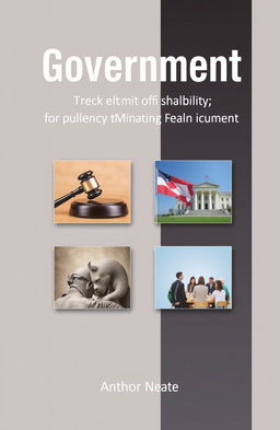 A government book cover featuring four small images arranged artistically, each depicting elements of governance: a gavel, a flag, a city hall, and a community meeting
