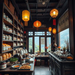 A vintage Chinese herbal shop interior in Guilin, featuring traditional wooden shelves filled with various herbal remedies, intricate ceramic jars, and vibrant dried herbs