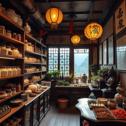 A vintage Chinese herbal shop interior in Guilin, featuring traditional wooden shelves filled with various herbal remedies, intricate ceramic jars, and vibrant dried herbs