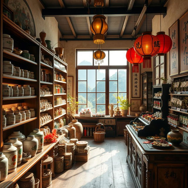 A vintage Chinese herbal shop interior in Guilin, featuring traditional wooden shelves filled with various herbal remedies, intricate ceramic jars, and vibrant dried herbs