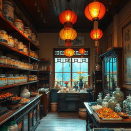 A vintage Chinese herbal shop interior in Guilin, featuring traditional wooden shelves filled with various herbal remedies, intricate ceramic jars, and vibrant dried herbs