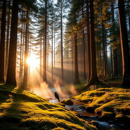 A serene forest landscape at sunrise, featuring tall, majestic pine trees with sunlight filtering through the branches, casting soft, warm light on the forest floor covered in lush green moss