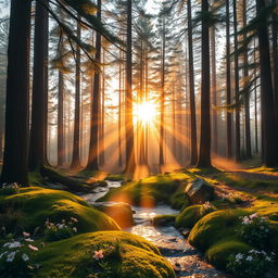 A serene forest landscape at sunrise, featuring tall, majestic pine trees with sunlight filtering through the branches, casting soft, warm light on the forest floor covered in lush green moss