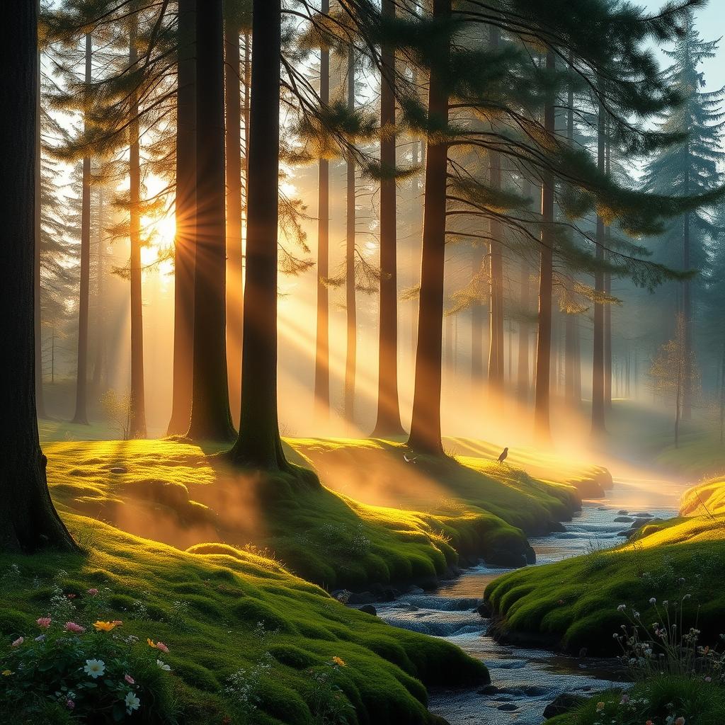 A serene forest landscape at sunrise, featuring tall, majestic pine trees with sunlight filtering through the branches, casting soft, warm light on the forest floor covered in lush green moss