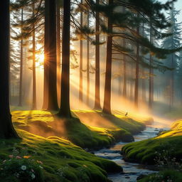 A serene forest landscape at sunrise, featuring tall, majestic pine trees with sunlight filtering through the branches, casting soft, warm light on the forest floor covered in lush green moss