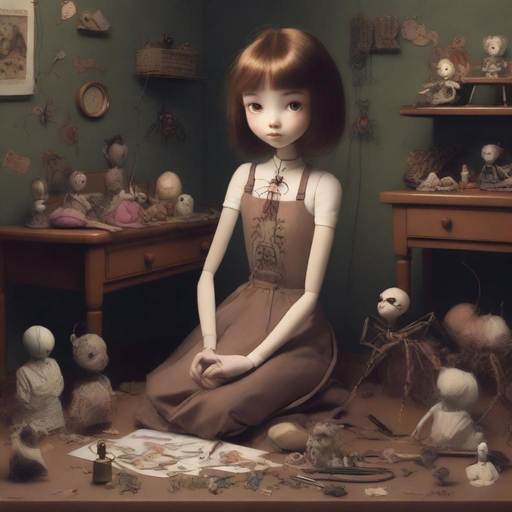 A high-quality digital art piece featuring a 26-year-old arachnid girl, a collector with four spider legs, situated in a large, dark room filled with dolls