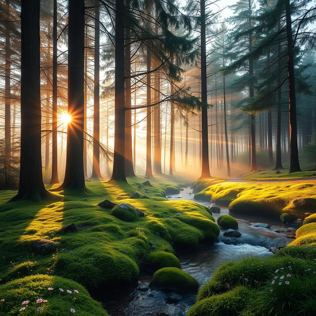 A serene forest landscape at sunrise, featuring tall, majestic pine trees with sunlight filtering through the branches, casting soft, warm light on the forest floor covered in lush green moss