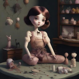 A high-quality digital art piece featuring a 26-year-old arachnid girl, a collector with four spider legs, situated in a large, dark room filled with dolls