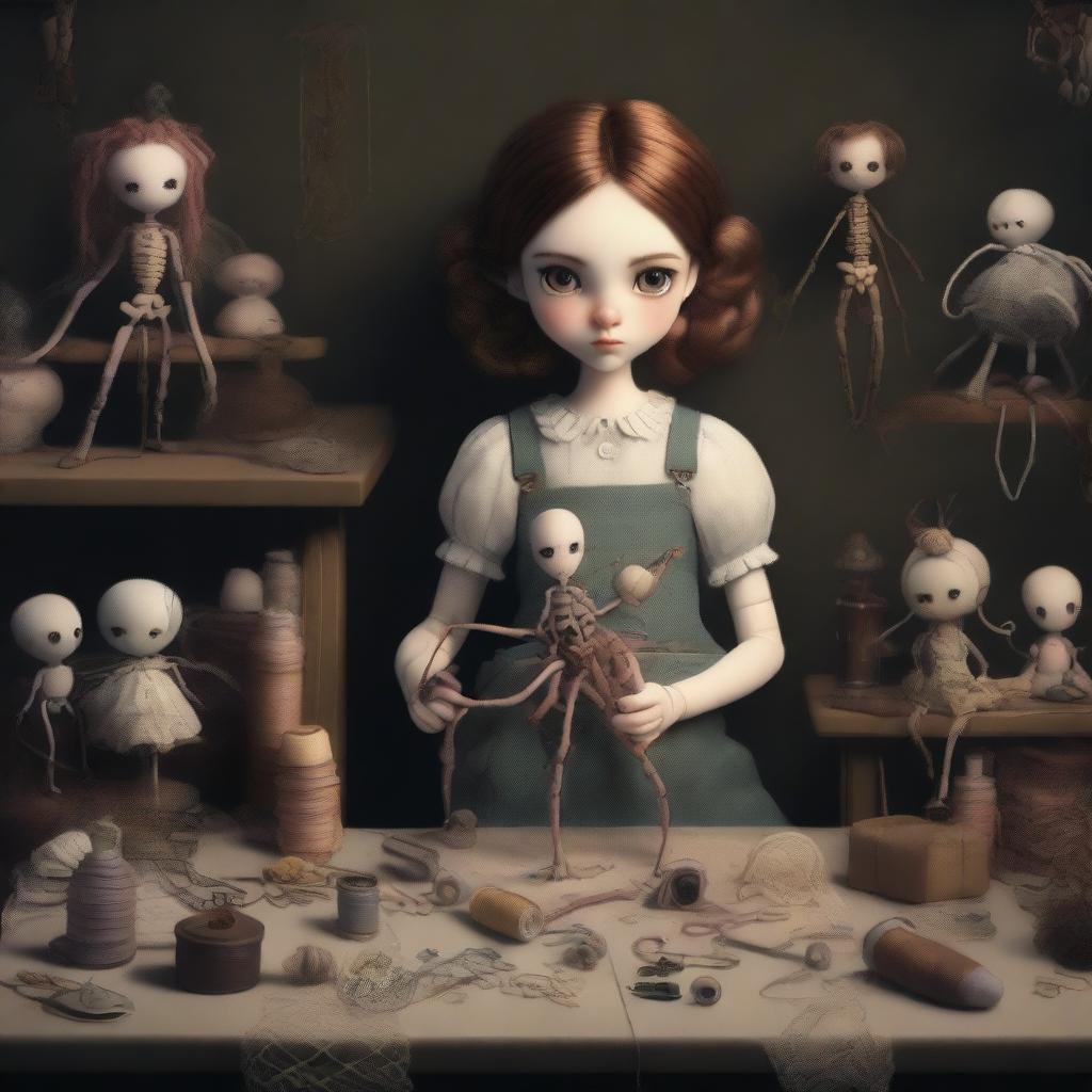 A high-quality digital art piece featuring a 26-year-old arachnid girl, a collector with four spider legs, situated in a large, dark room filled with dolls