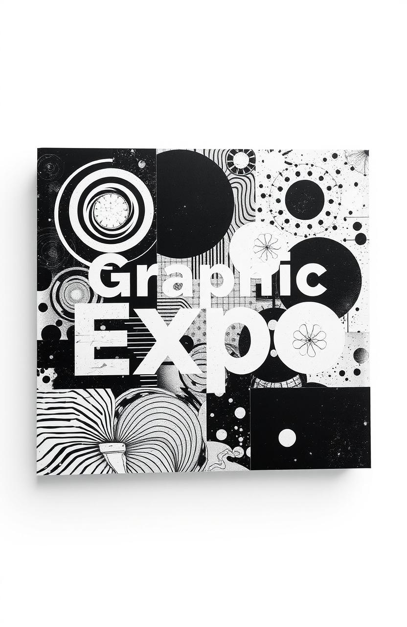 Black and white square album cover titled 'Graphic Expo', featuring a collage of various abstract graphic illustrations with different textures