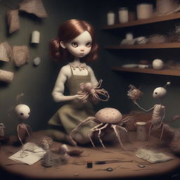 A high-quality digital art piece featuring a 26-year-old arachnid girl, a collector with four spider legs, situated in a large, dark room filled with dolls