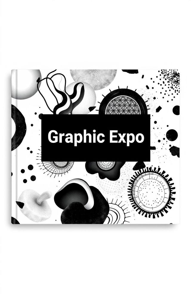 A square black and white cover for an art album titled 'Graphic Expo', showcasing a variety of graphic designs featuring different abstract textures