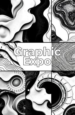 A square black and white cover for an art album titled 'Graphic Expo', showcasing a variety of graphic designs featuring different abstract textures