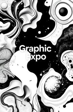 A square black and white cover for an art album titled 'Graphic Expo', showcasing a variety of graphic designs featuring different abstract textures