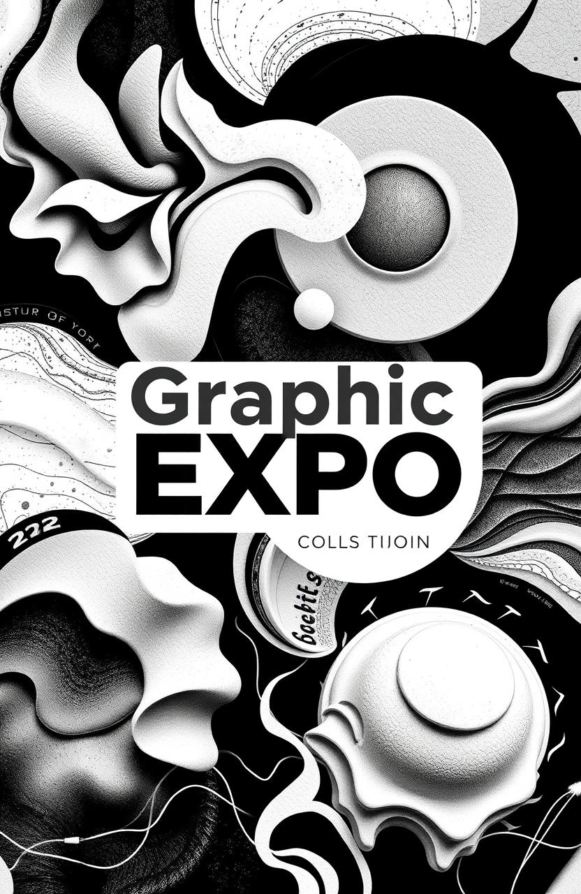 A square black and white cover for an art album titled 'Graphic Expo', showcasing a variety of graphic designs featuring different abstract textures