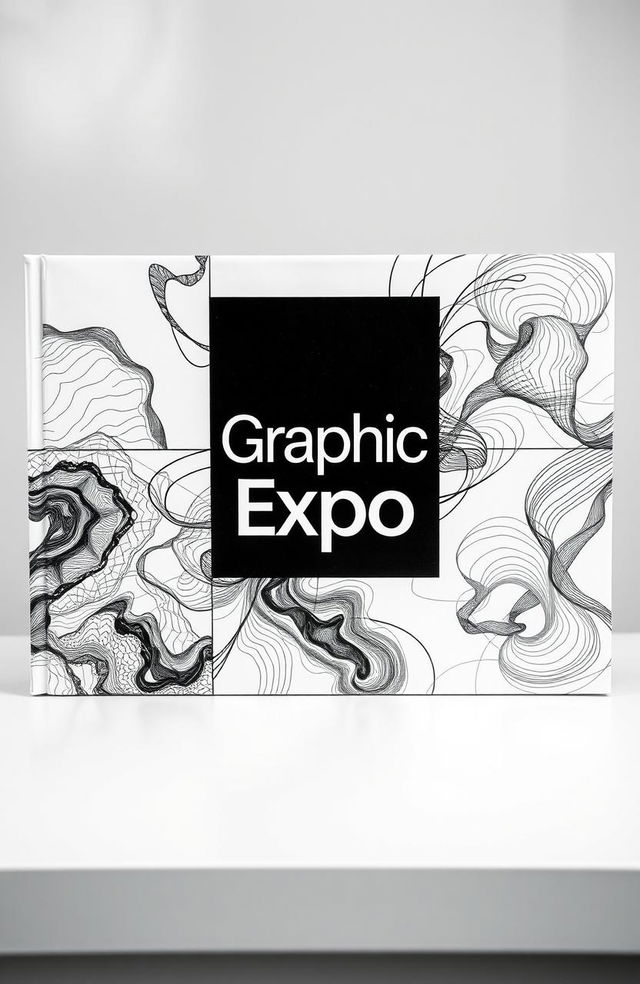 A square black and white cover for an art album titled 'Graphic Expo', featuring a creative arrangement of graphic drawings showcasing various abstract textures