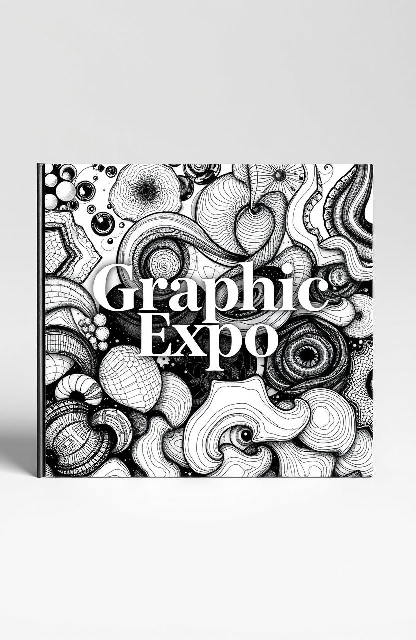 A square black and white cover for an art album titled 'Graphic Expo', featuring a creative arrangement of graphic drawings showcasing various abstract textures