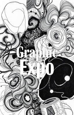 A square black and white cover for an art album titled 'Graphic Expo', featuring a creative arrangement of graphic drawings showcasing various abstract textures