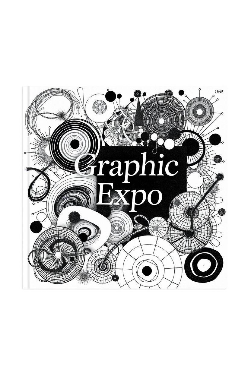 A square black and white art album cover titled 'Graphic Expo', featuring a captivating arrangement of abstract graphic drawings