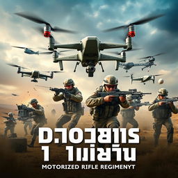 A bold and engaging poster displaying the text 'БПЛА 1 МОТОСТРЕЛКОВЫЙ ПОЛК' (Drones 1 Motorized Rifle Regiment)