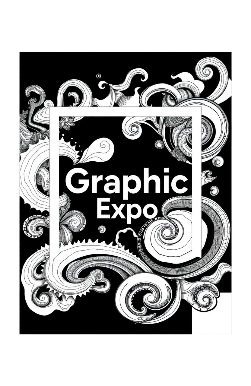 A square black and white album cover titled 'Graphic Expo', featuring intricate graphic drawings that showcase a variety of abstract textures