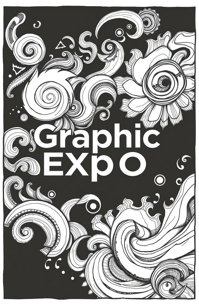 A square black and white album cover titled 'Graphic Expo', featuring intricate graphic drawings that showcase a variety of abstract textures