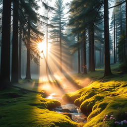A serene forest landscape at sunrise, featuring tall, majestic pine trees with sunlight filtering through the branches, casting soft, warm light on the forest floor covered in lush green moss