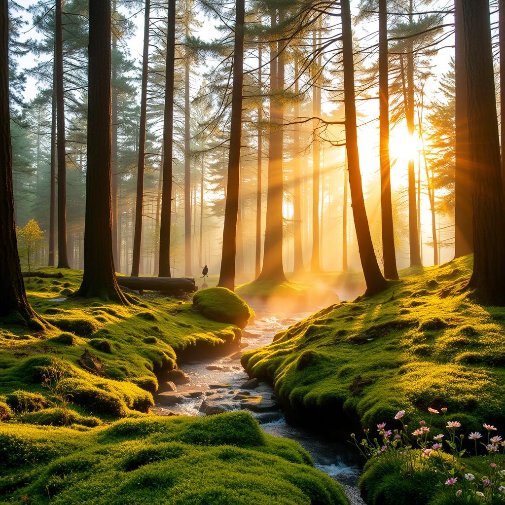 A serene forest landscape at sunrise, featuring tall, majestic pine trees with sunlight filtering through the branches, casting soft, warm light on the forest floor covered in lush green moss