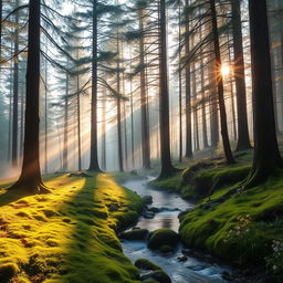 A serene forest landscape at sunrise, featuring tall, majestic pine trees with sunlight filtering through the branches, casting soft, warm light on the forest floor covered in lush green moss