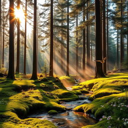 A serene forest landscape at sunrise, featuring tall, majestic pine trees with sunlight filtering through the branches, casting soft, warm light on the forest floor covered in lush green moss