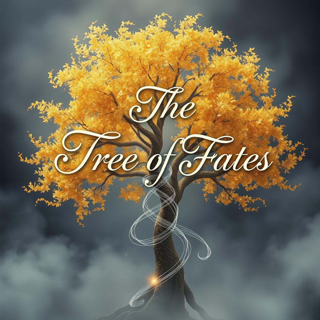 A mystical book cover for 'The Tree of Fates', featuring the title elegantly written in beautiful calligraphy