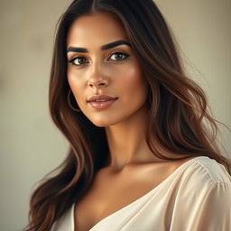 A beautiful Egyptian woman, aged 30-35, with long flowing hair, wearing a modest dress without a neckline