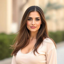 A beautiful Egyptian woman, aged 30-35, with long flowing hair, wearing a modest dress without a neckline