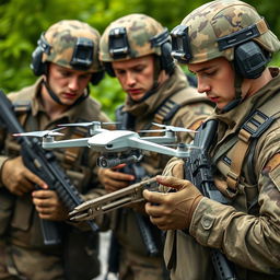 A detailed and engaging scene featuring Russian soldiers in military uniforms, specifically displaying the iconic AK-74 rifles