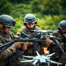A detailed and engaging scene featuring Russian soldiers in military uniforms, specifically displaying the iconic AK-74 rifles