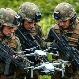 A detailed and engaging scene featuring Russian soldiers in military uniforms, specifically displaying the iconic AK-74 rifles