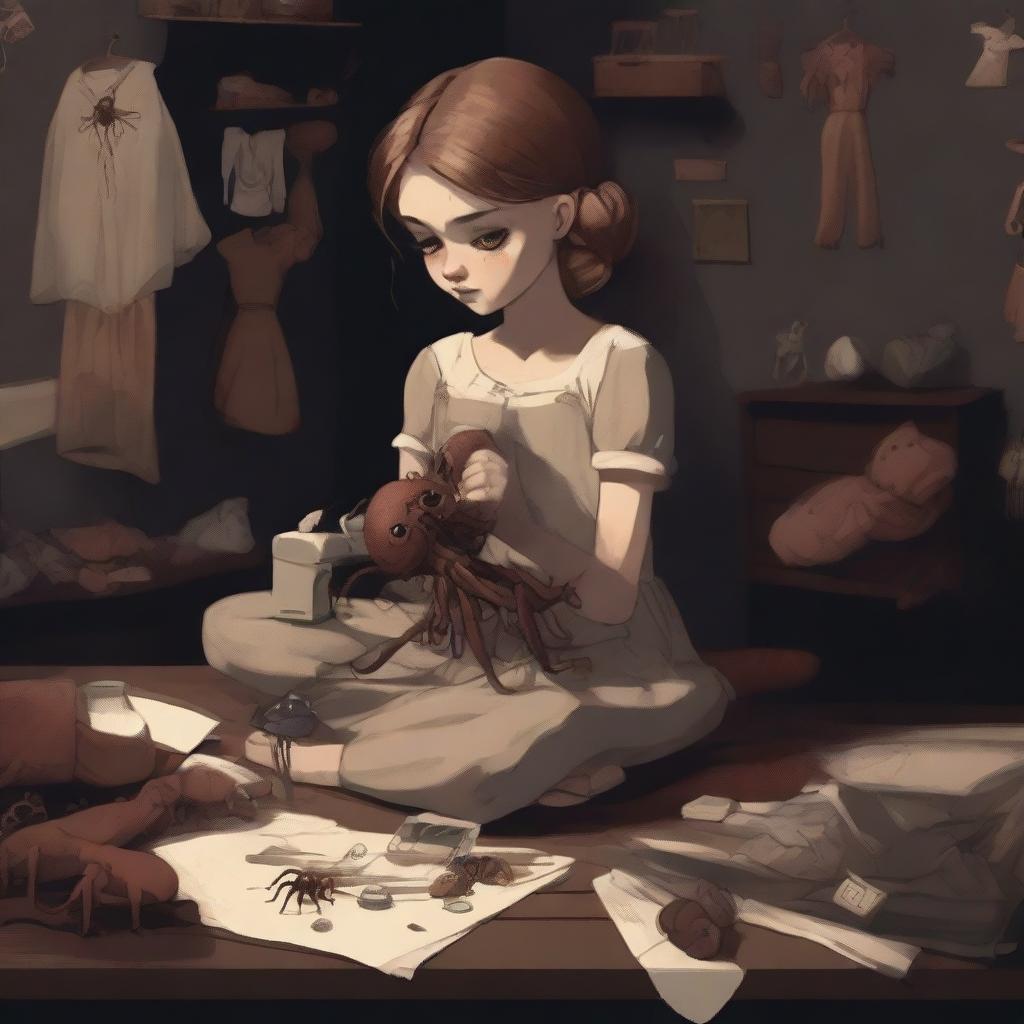 A high-quality digital art piece featuring a 26-year-old girl-arachnid, a collector with four spider legs, situated in a large, dark room filled with dolls