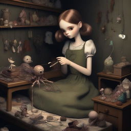 A high-quality digital art piece featuring a 26-year-old girl-arachnid, a collector with four spider legs, situated in a large, dark room filled with dolls