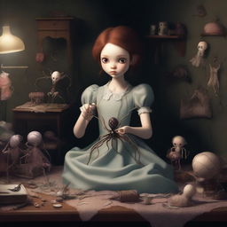 A high-quality digital art piece featuring a 26-year-old girl-arachnid, a collector with four spider legs, situated in a large, dark room filled with dolls