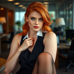 A stunning redhead with vibrant ginger hair and striking green eyes, exuding a seductive aura while wearing elegant office stockings