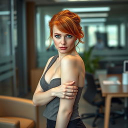 A stunning redhead with vibrant ginger hair and striking green eyes, exuding a seductive aura while wearing elegant office stockings