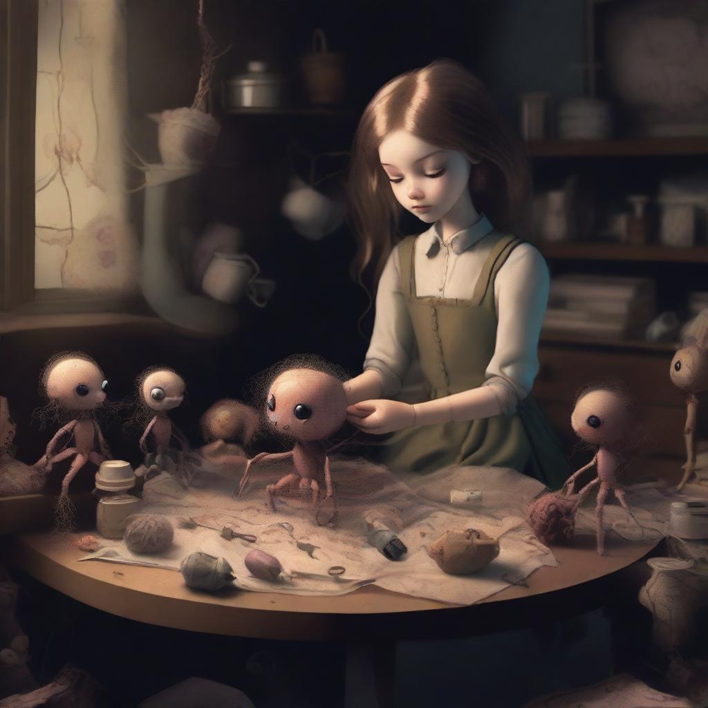 A high-quality digital art piece featuring a 26-year-old girl-arachnid, a collector with four spider legs, situated in a large, dark room filled with dolls