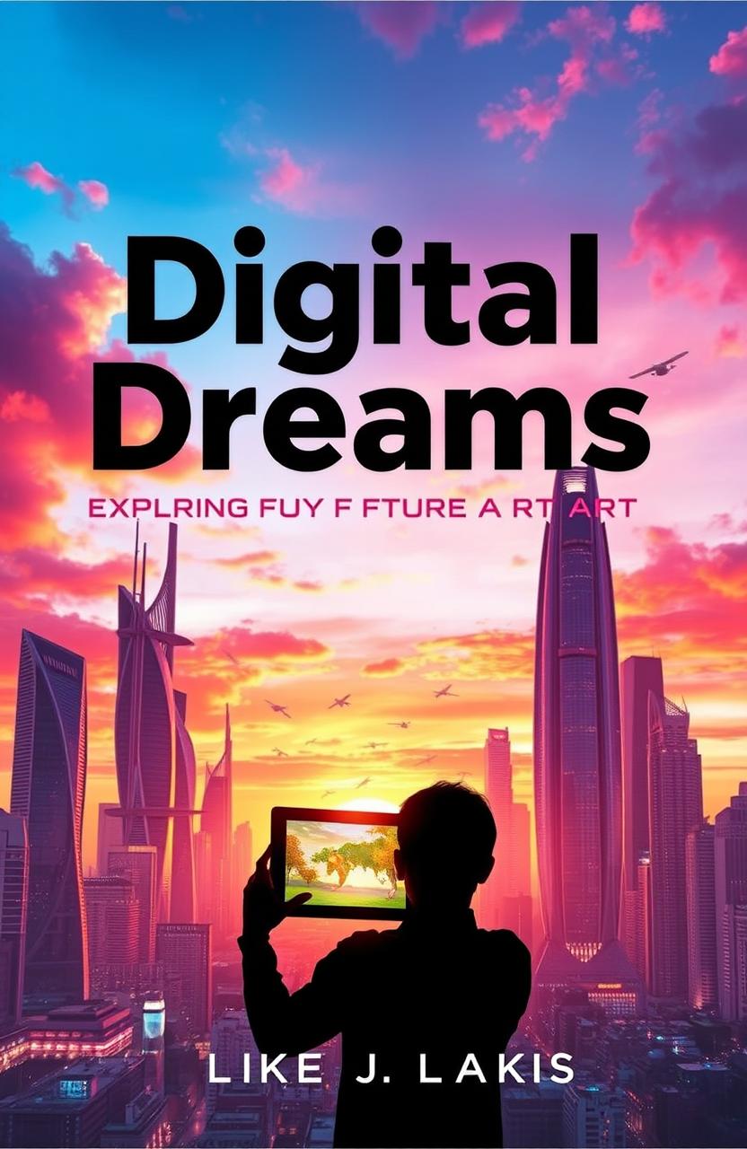 A stunning digital art book cover featuring a futuristic cityscape at sunset, with vibrant colors blending orange, pink, and purple hues in the sky