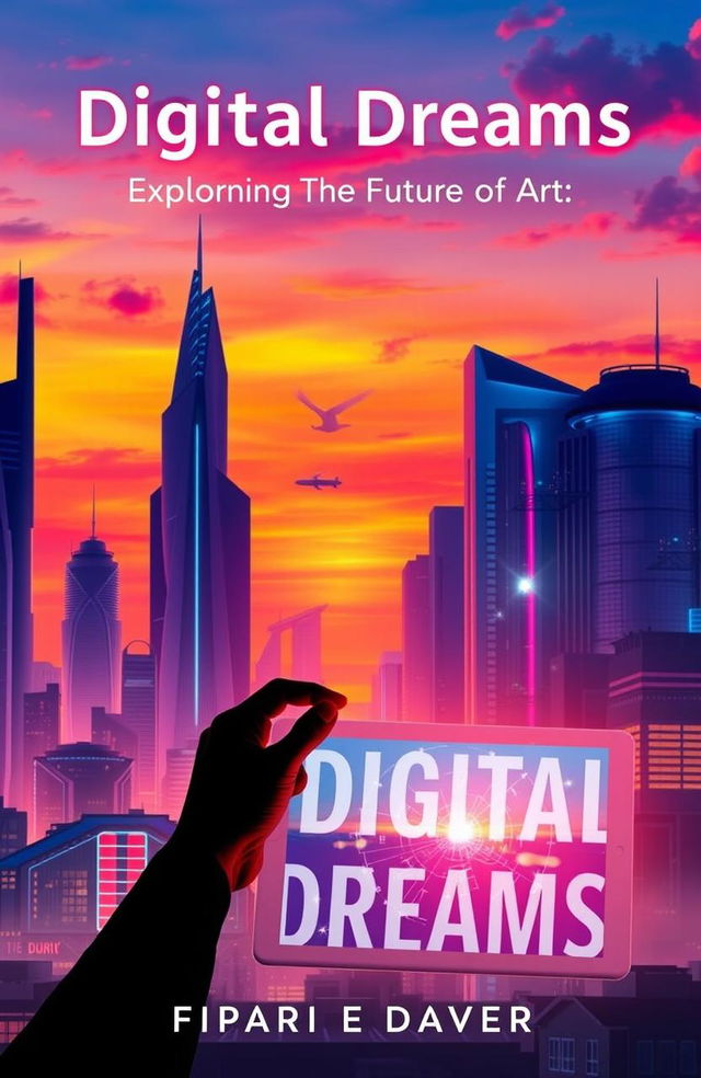 A stunning digital art book cover featuring a futuristic cityscape at sunset, with vibrant colors blending orange, pink, and purple hues in the sky