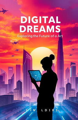 A stunning digital art book cover featuring a futuristic cityscape at sunset, with vibrant colors blending orange, pink, and purple hues in the sky